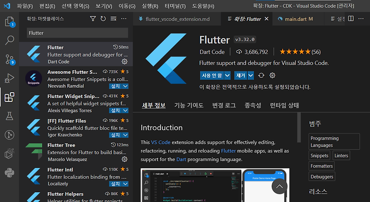 VS Code Flutter Extension 목록