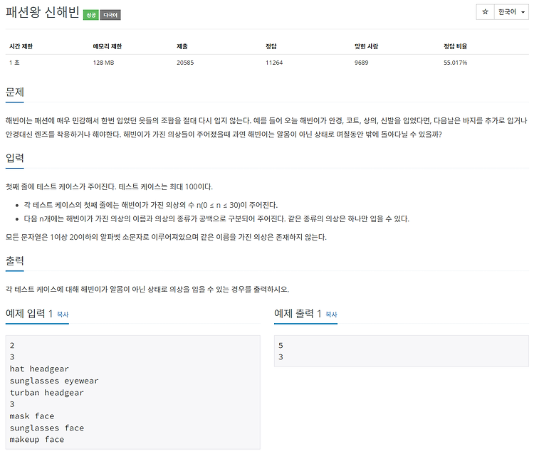 [백준 / BOJ] 9375번 패션왕 신해빈 (C++, Python)