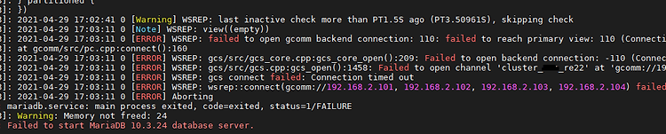 '[MariaDB - Galera ] "WSREP: failed to open gcomm backend connection: 110: failed to reach primary view: 110" 오류' 포스트 대표 이미지