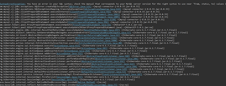 [SpringBoot/JPA Hibernate] 예약어 컬럼명 에러 해결(백틱 적용하기) / You have an error in your SQ