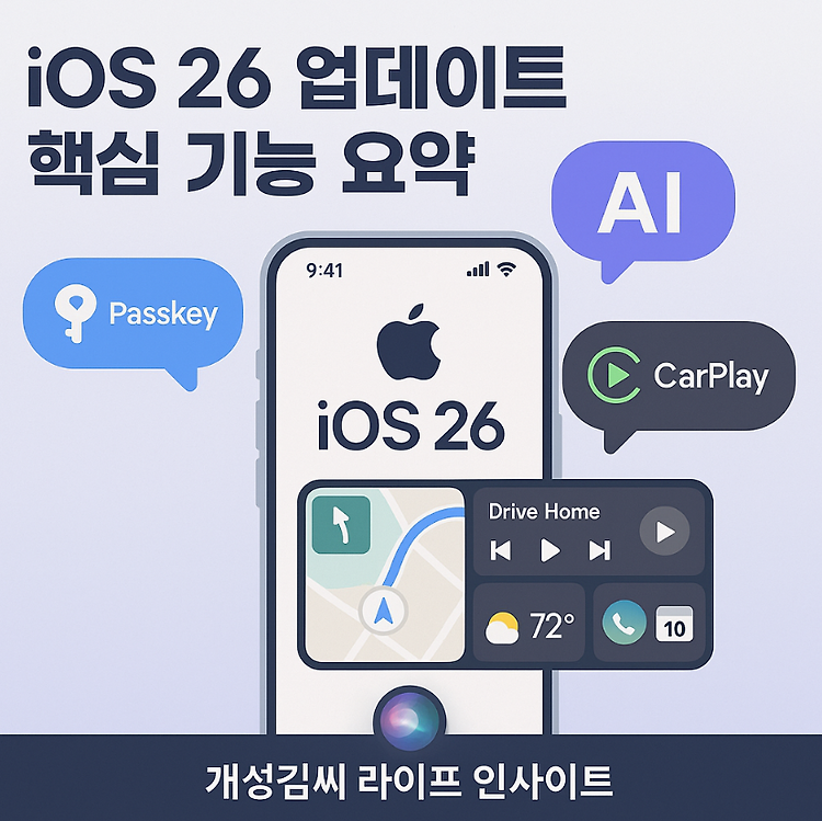 iOS 26 업데이트 최신 기능 총정리, 카플레이부터 Passkey까지 주제 시각자료