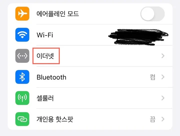 아이폰 설정에 이더넷이 뭔가요?