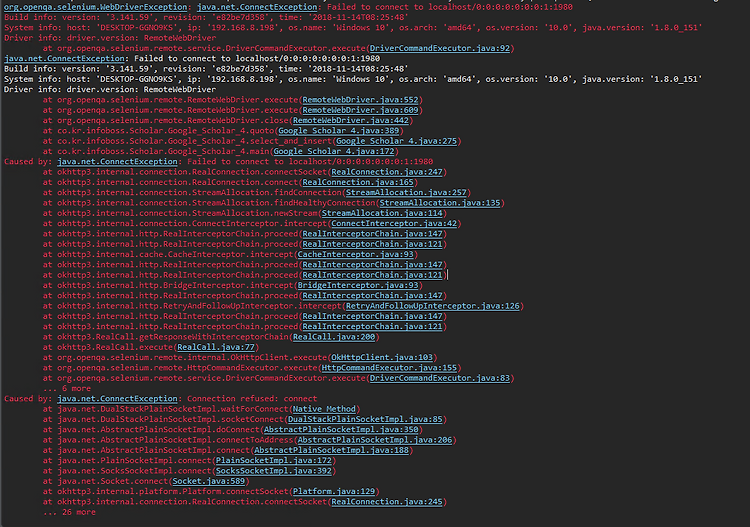 [Java/Selenium] org.openqa.selenium.WebDriverException: java.net.ConnectionException: Failed to connect to localhost/0:0:0:0:0:0:0:1:port