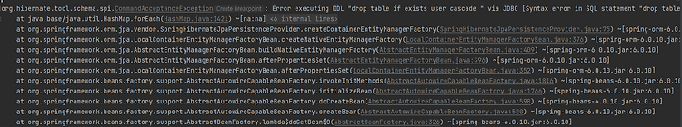 [SpringBoot] org.hibernate.tool.schema.spi.CommandAcceptanceException: Error executing DDL "drop table if exists user cascade " via JDBC [Syntax error in SQL statement "drop table if exists [*]user cascade "; expected "identifier";]