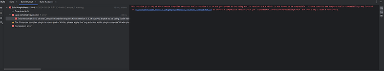 에러: This version (1.5.14) of the Compose Compiler requires Kotlin version 1.9.24 but you appear to be using Kotlin version 2.0.0 which is not known to be compatible.