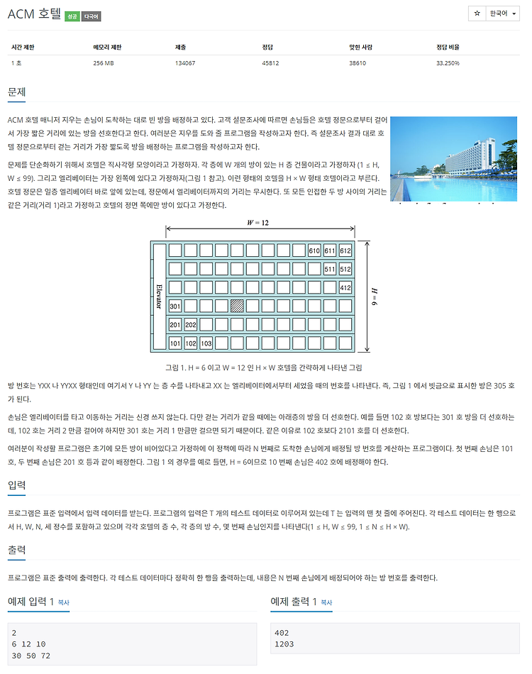 [백준 / BOJ] 10250번 ACM 호텔 (C++, Python)