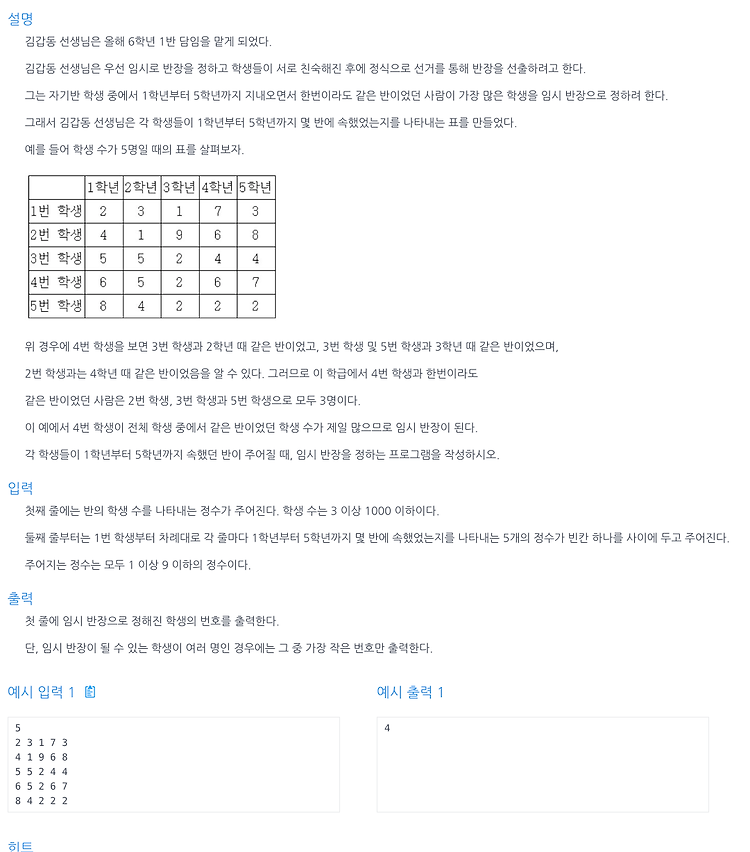 [인프런 알고리즘] Chpater 2, 11번 문제(임시반장 정하기)