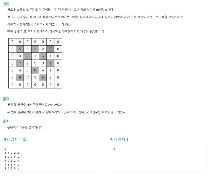 [인프런 알고리즘] Chpater 2, 10번 문제(봉우리)