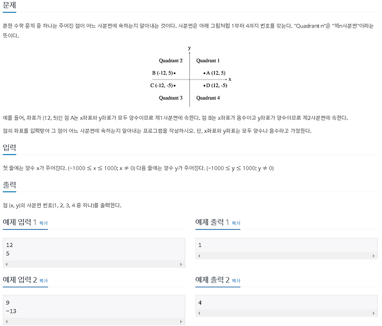 [백준 알고리즘] 14681번 사분면 고르기 (Python, Java)