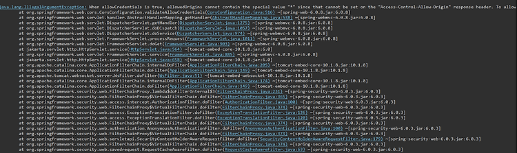 [SpringBoot/WebSocket+SocketJS] CORS 설정 시 에러 (When allowCredentials is true, allowedOrigins cannot contain the special value "*" since that cannot be set on the "Access-Control-Allow-Origin" response header. To allow credentials to a set of or..