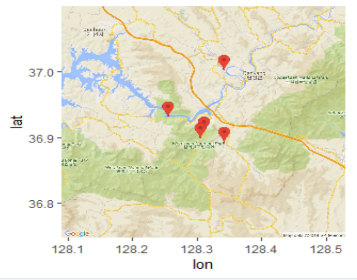 ggmap2를 통한 단양팔경 출력 + 마커 출력
