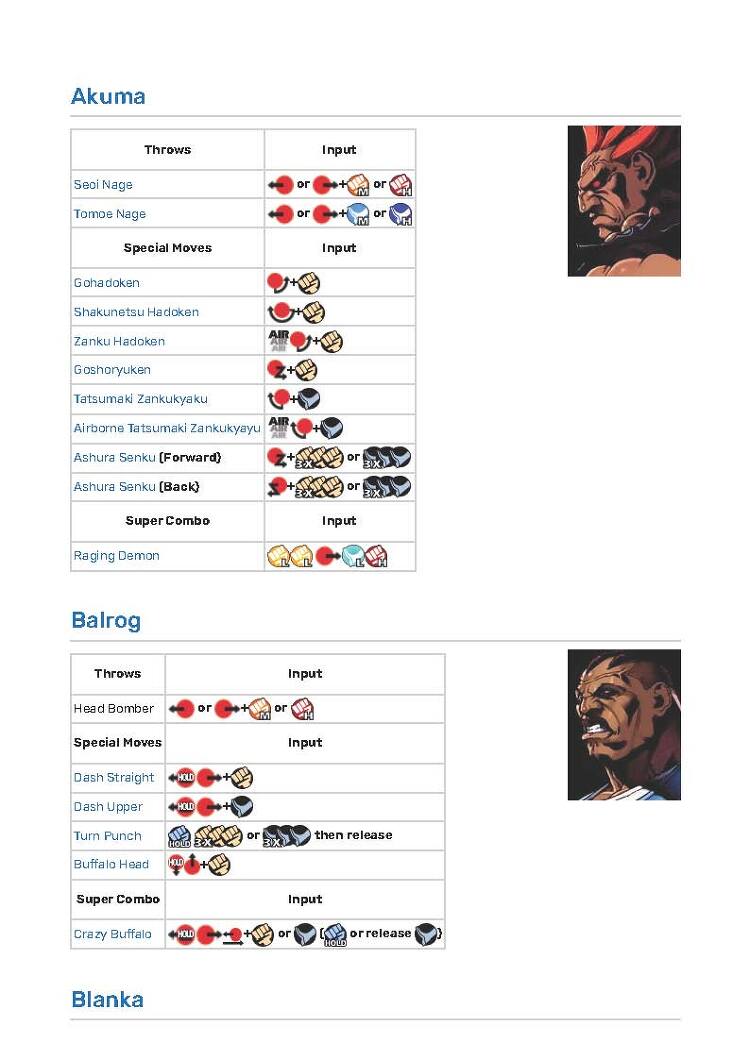 스트리트 파이터 2 기술표(Street Fighter Wiki)