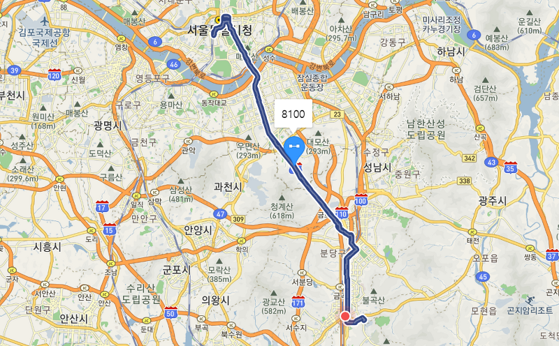 [직행좌석] 8100번 버스 노선, 시간표 : 용인 수지, 정자역, 순천향대학병원, 서울역