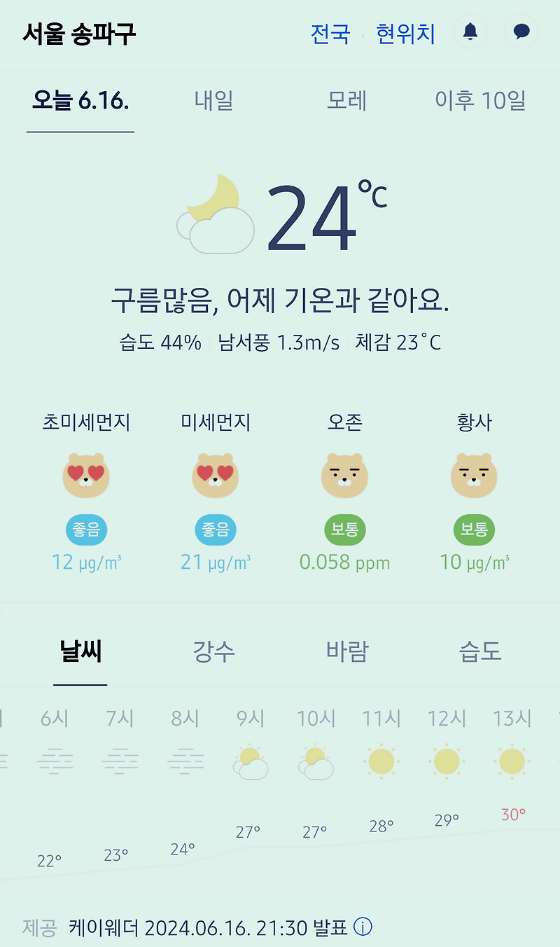 서울 강남 송파구 날씨 2024년 6월 16일. 서울 강남구 오늘의 날씨, 오늘 날씨, 2024 0616, 초미세먼지, 미세먼지, 황사, 자외선