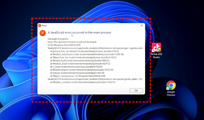 a javascript error occurred in the main process[Tiktok 라이브 설cl error]