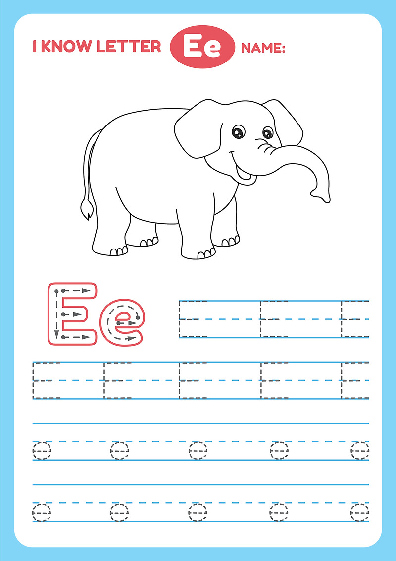 유아 영어 무료 학습지 알파벳 E 대문자 소문자 순서대로 따라쓰기 색칠공부 도안