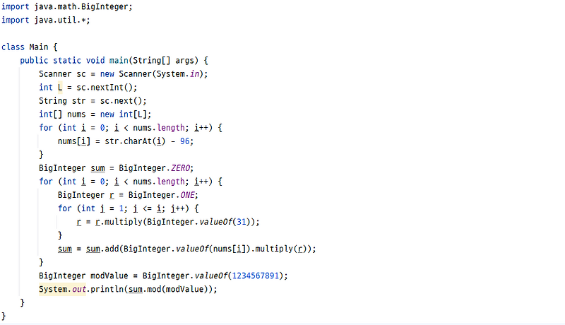 백준 15829 - Hashing(JAVA)