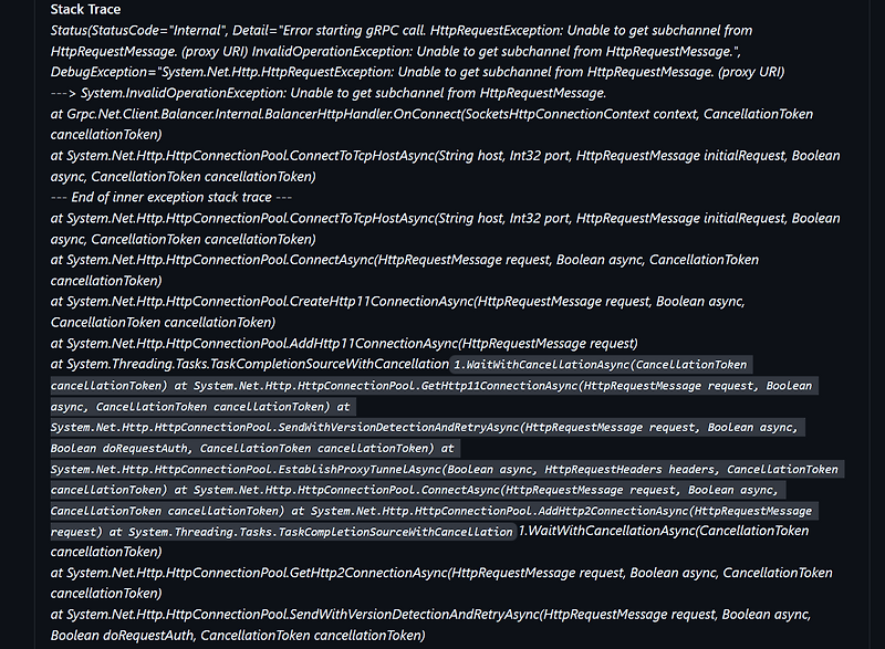 C grpc 에러 "HttpRequestException Unable to get subchannel from