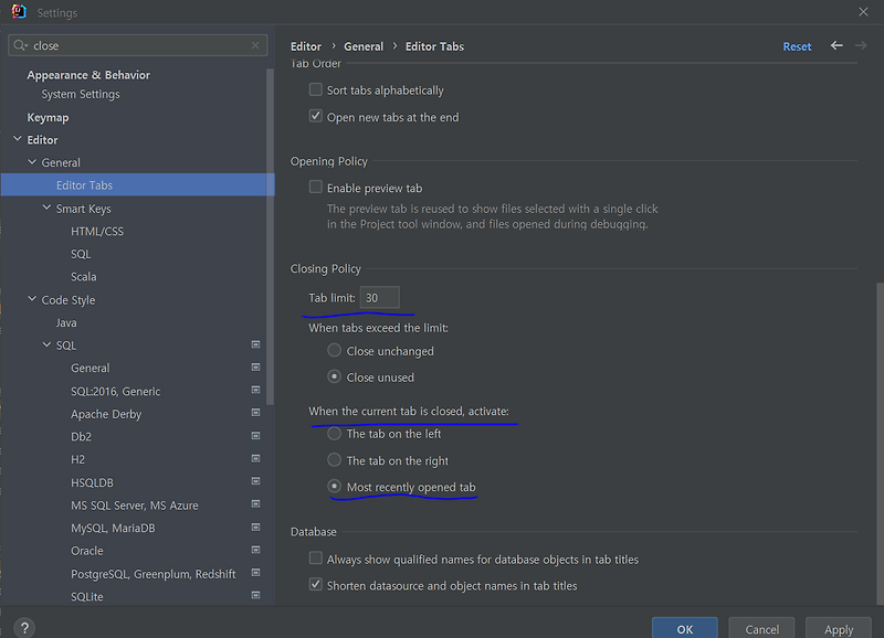 intellij Editor Tabs close 설정