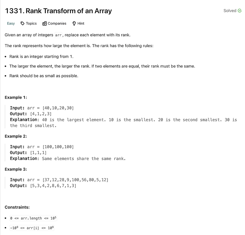 LeetCode [1331]: Rank Transform of an Array — 개발하는 장씨