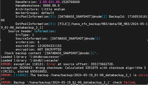 SAP HANA DB recovery wrong checksum algorithm CRC32 error occured