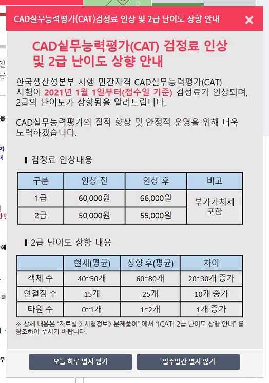 한국생산성본부 CAD 자격증 CAT2급 난이도 및 응시료 상향조정  (2021년 1월 접수일 기준)