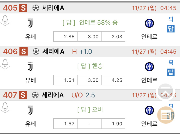 11월 27일 유벤투스 대 인터밀란, As로마 대 우디네세, 호펜하임 대 마인츠, 에버턴 대 맨유, 스파르타 대 위트레흐트 경기 추천픽