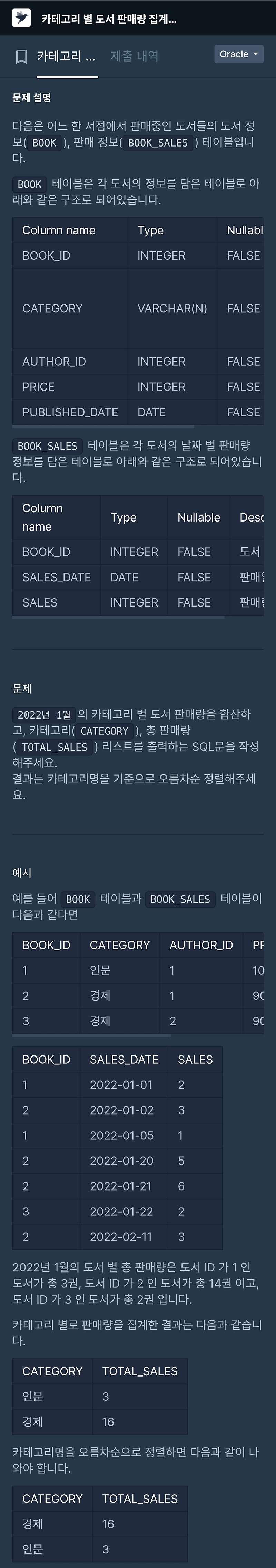 [프로그래머스][SQL][ORACLE] lv 3 카테고리 별 도서 판매량 — 진땡이코딩조림