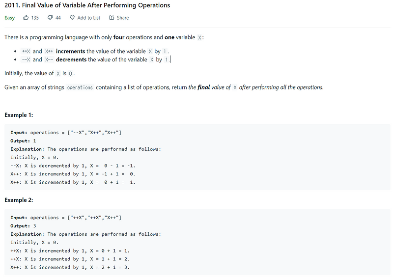 LeetCode 풀이 - 2011. Final Value of Variable After Performing Operations