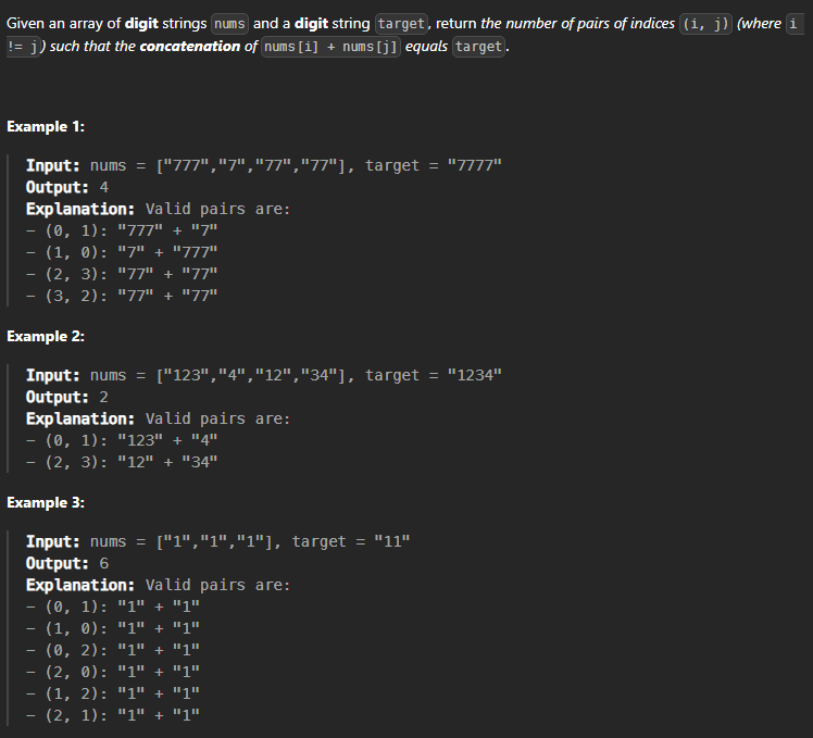 2023. Number of Pairs of Strings With Concatenation Equal to Target