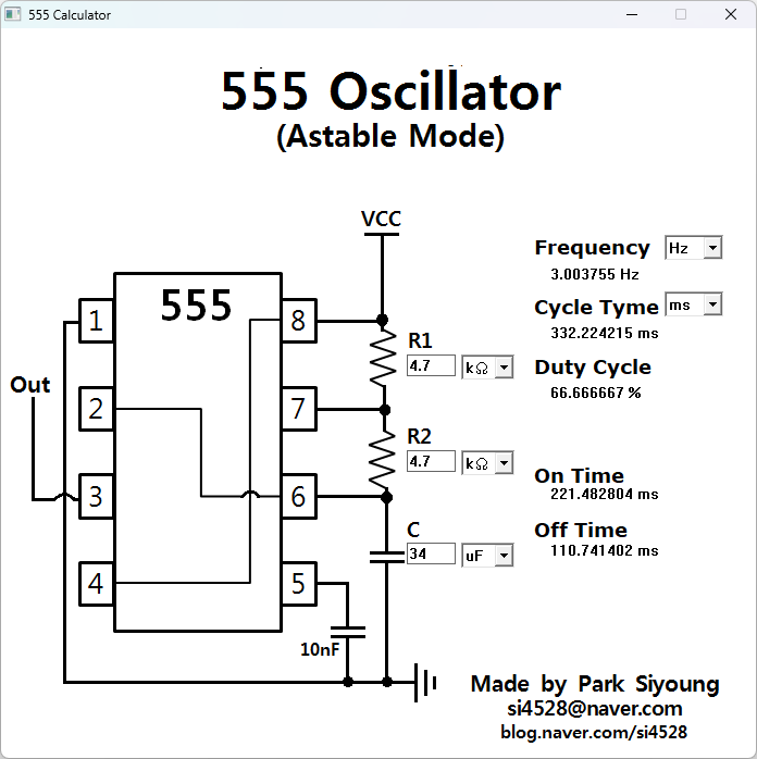 555 발진회로 계산기 (555 Oscillator Calculator)