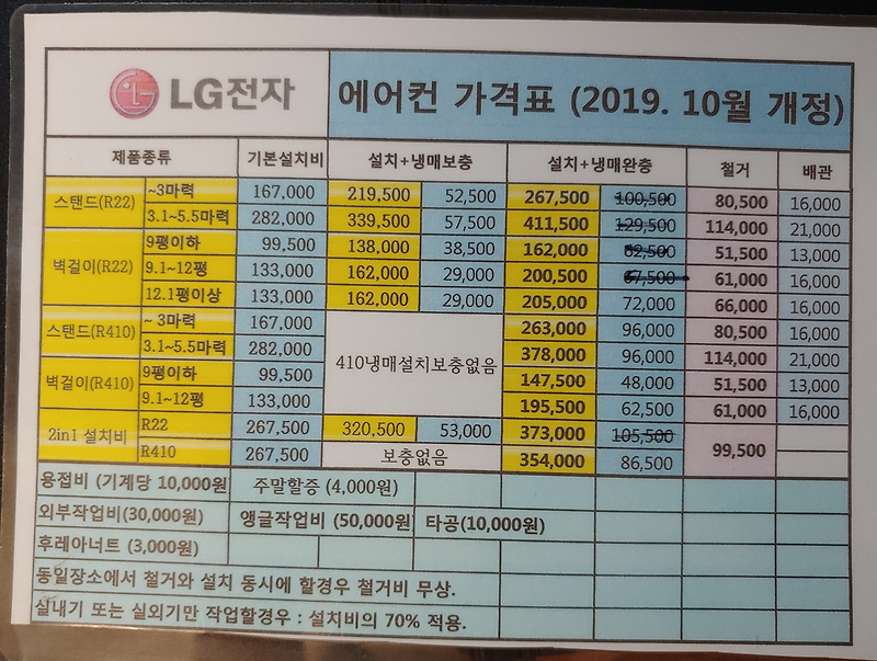 엘지 에어컨 2in1 이전 설치 비용 완벽 정리(매립 아파트, '20년 기준)