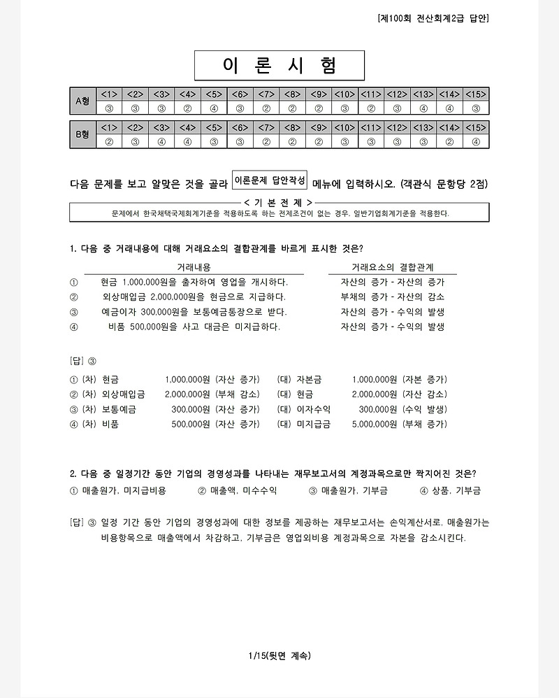 제100회 전산회계2급 100회 기출문제 /답안/백데이터