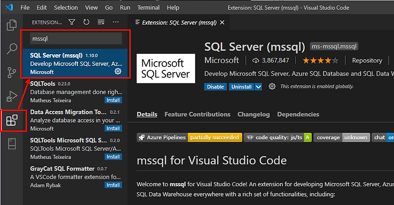 Visual Studio Code에서 mssql server, ms sql server 사용하기