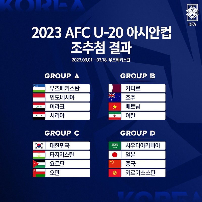 2023 AFC U-20 <b>아시안컵</b> 조추첨... 11월 소집명단 & <b>평가전</b> 일정
