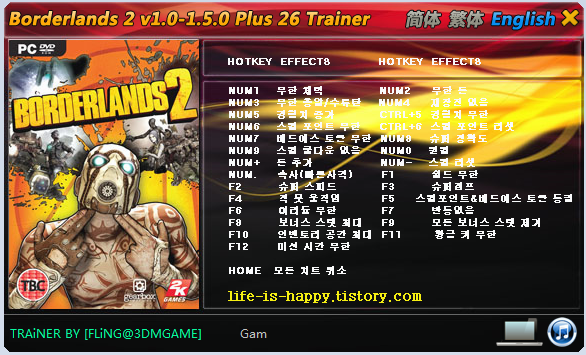 보더랜드2 한글 트레이너, Borderlands 2 v1.0-1.5.0 Plus 26 Trainer KOR :: 게임과 전자기기 그리고 군대 이야기