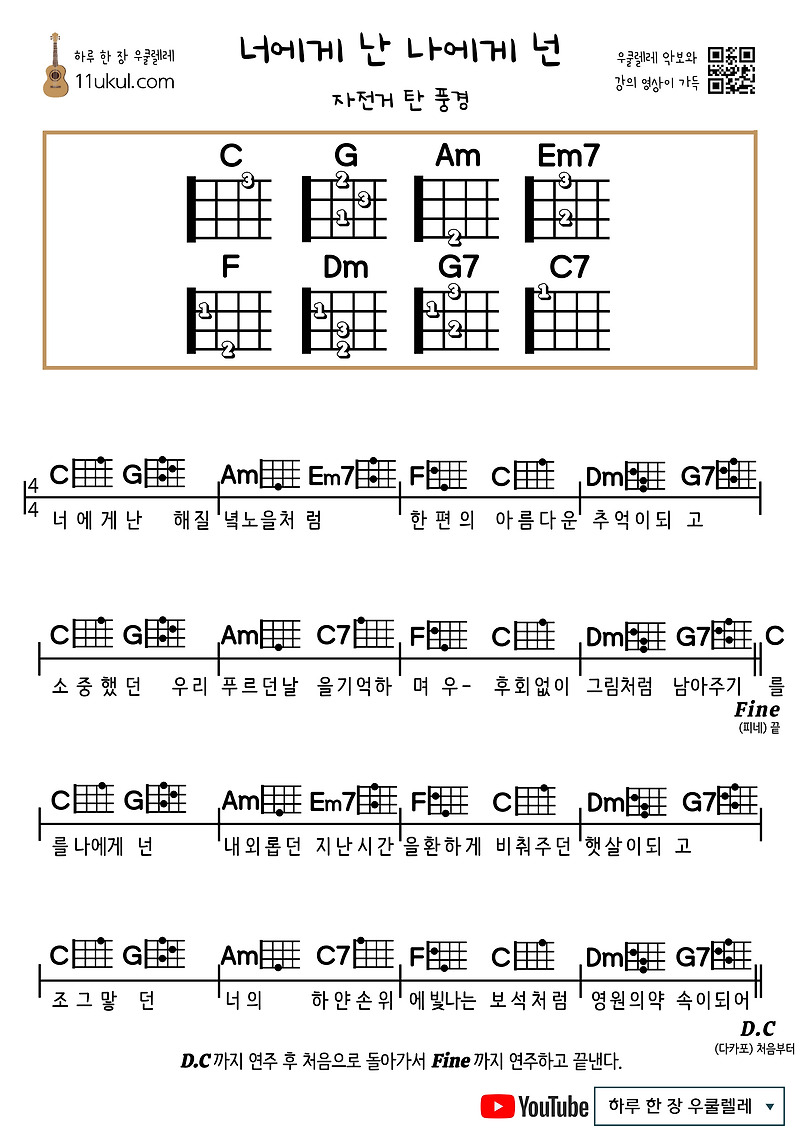 너에게 난 나에게 넌(자전거 탄 풍경) 우쿨렐레 코드 악보