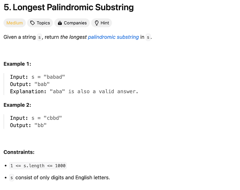 Leet code (Medium): 5. Longest Palindromic Substring (중심확장법)- Java