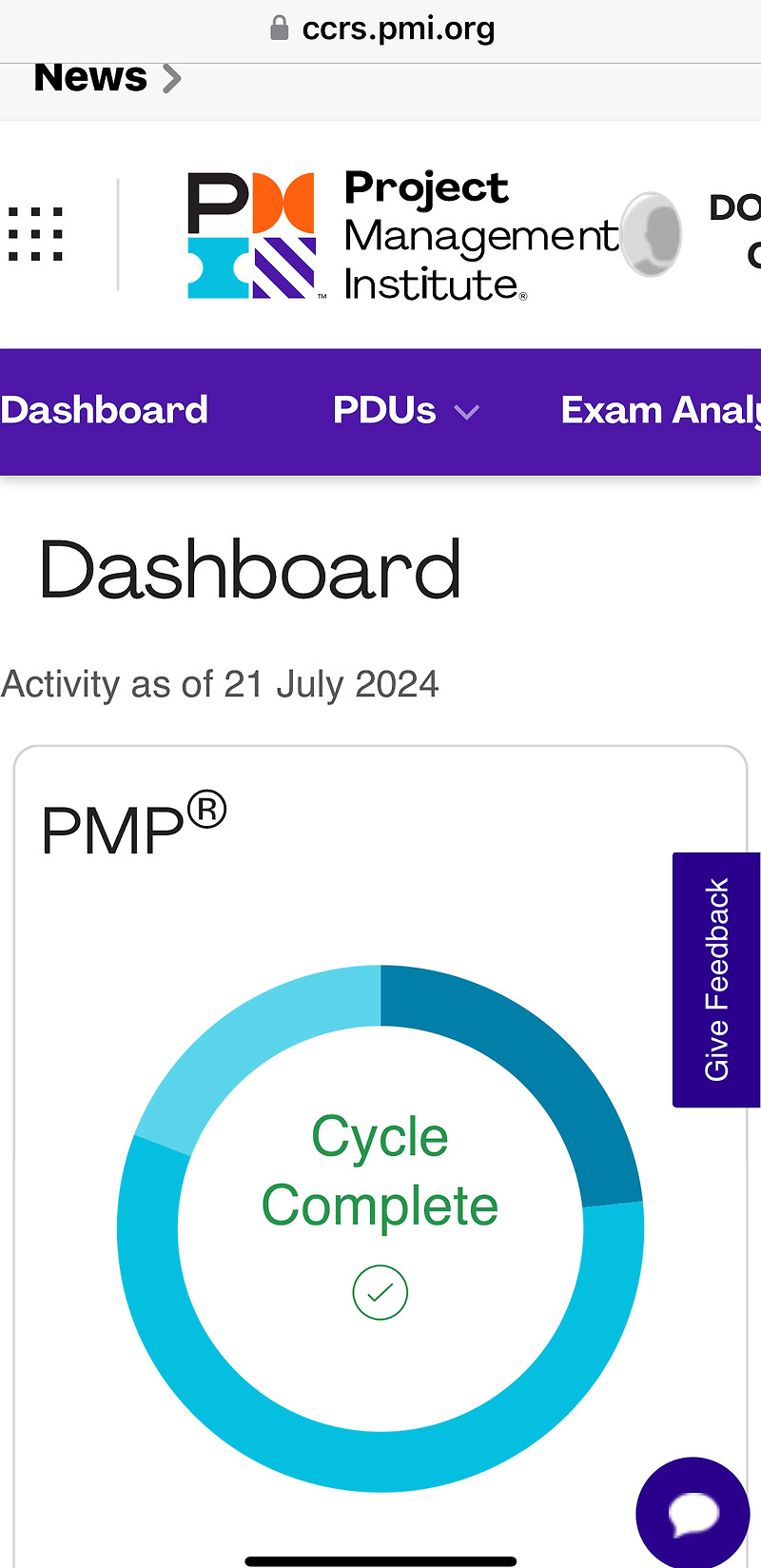 PMP 갱신을 위해, 수료한 교육과 프로젝트를  리포팅했어요. PDU 등록. Education, Giving Back, 2024년 7월 기준