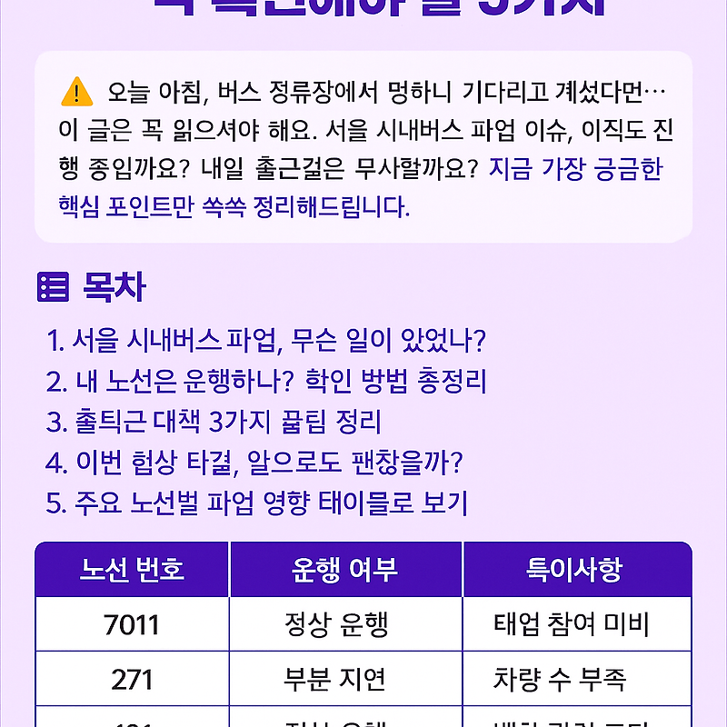 서울 <b>시내버스 파업</b>, 내 노선은 운행되나? 꼭 확인해야 할 5가지