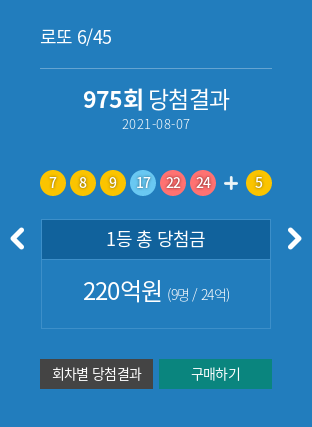 로또 975회 당첨번호(2021-08-07) 당첨결과 추천번호