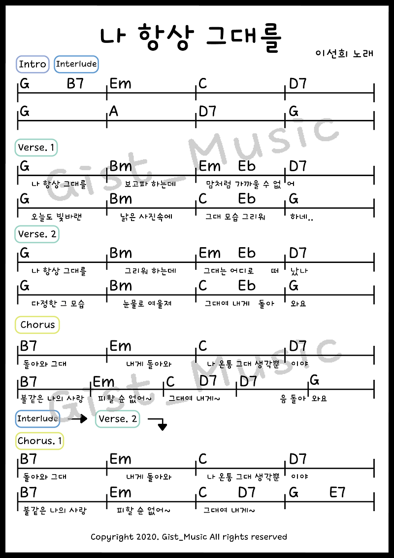 나 항상 그대를 - 이선희 / 가요 악보 쉬운 악보 기타 악보 코드 악보 가사 (통기타 코드표)