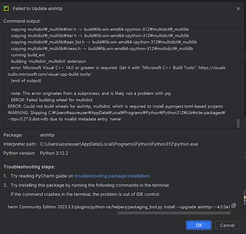 pycharm-package-error-install-upgrade-aiohttp-4-0-0a1