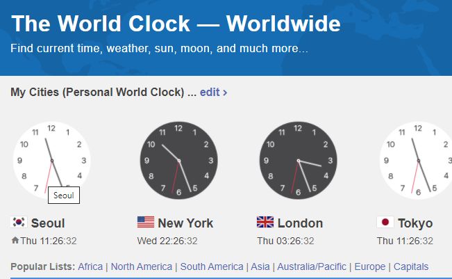 미국-한국 시간 변환기 | 세계 시간 사이트 | 타임존 계산