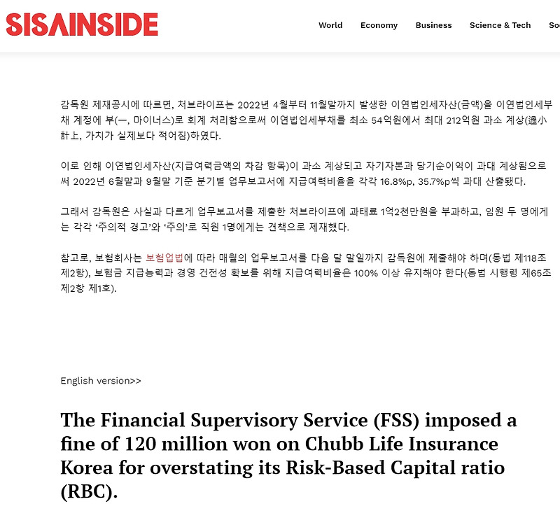 감독원, 지급여력비율 과대 산출한 처브라이프생명에 과태료 1억2천만원 부과