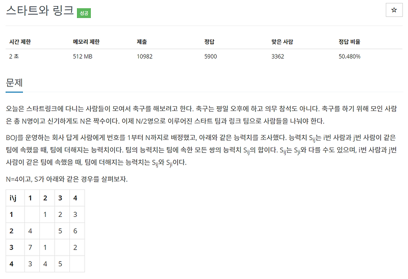 [백준 14889] 스타트와 링크 (Java)