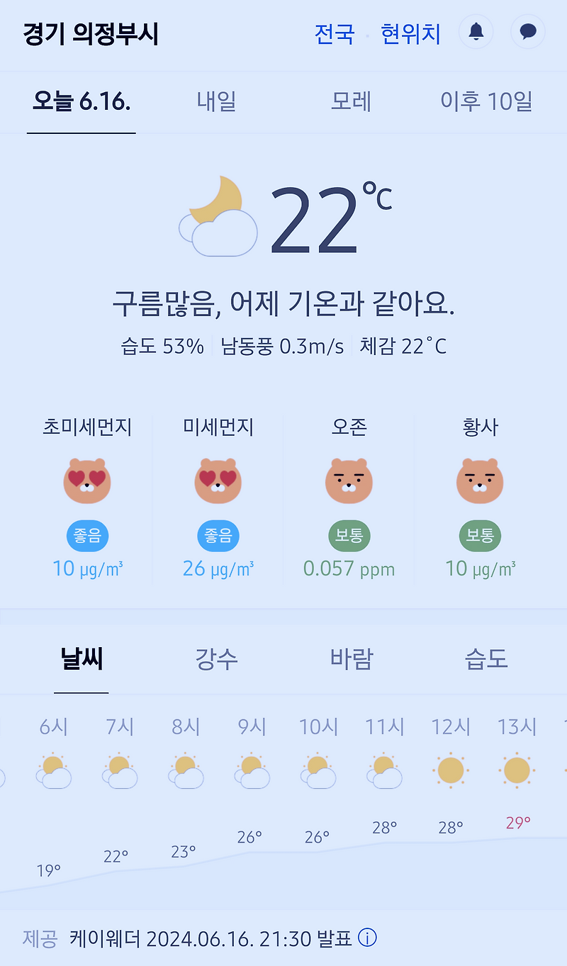 경기도 의정부시 날씨 2024년 6월 16일. 의정부 날씨, 오늘의 날씨, 오늘 날씨, 2024 0616, 초미세먼지, 미세먼지, 황사, 자외선