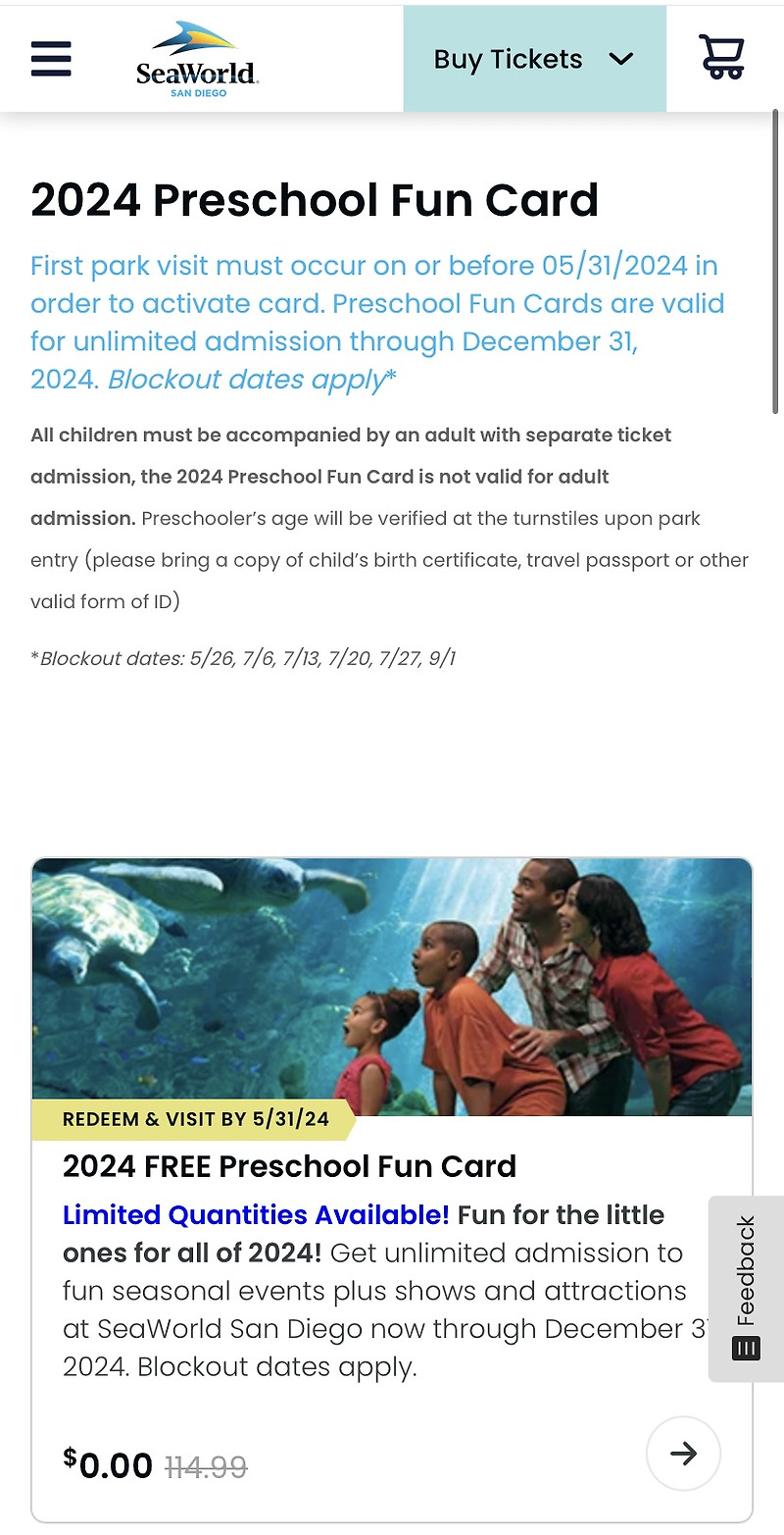 미국 일상, 샌디에고 씨월드 무료 어린이 티켓 (Seaworld San Diego 2024 Preschool Fun Card_Free)