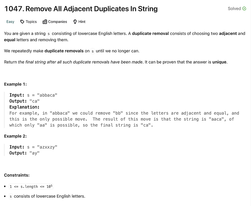 LeetCode [1047]: Remove All Adjacent Duplicates In String — 개발하는 장씨