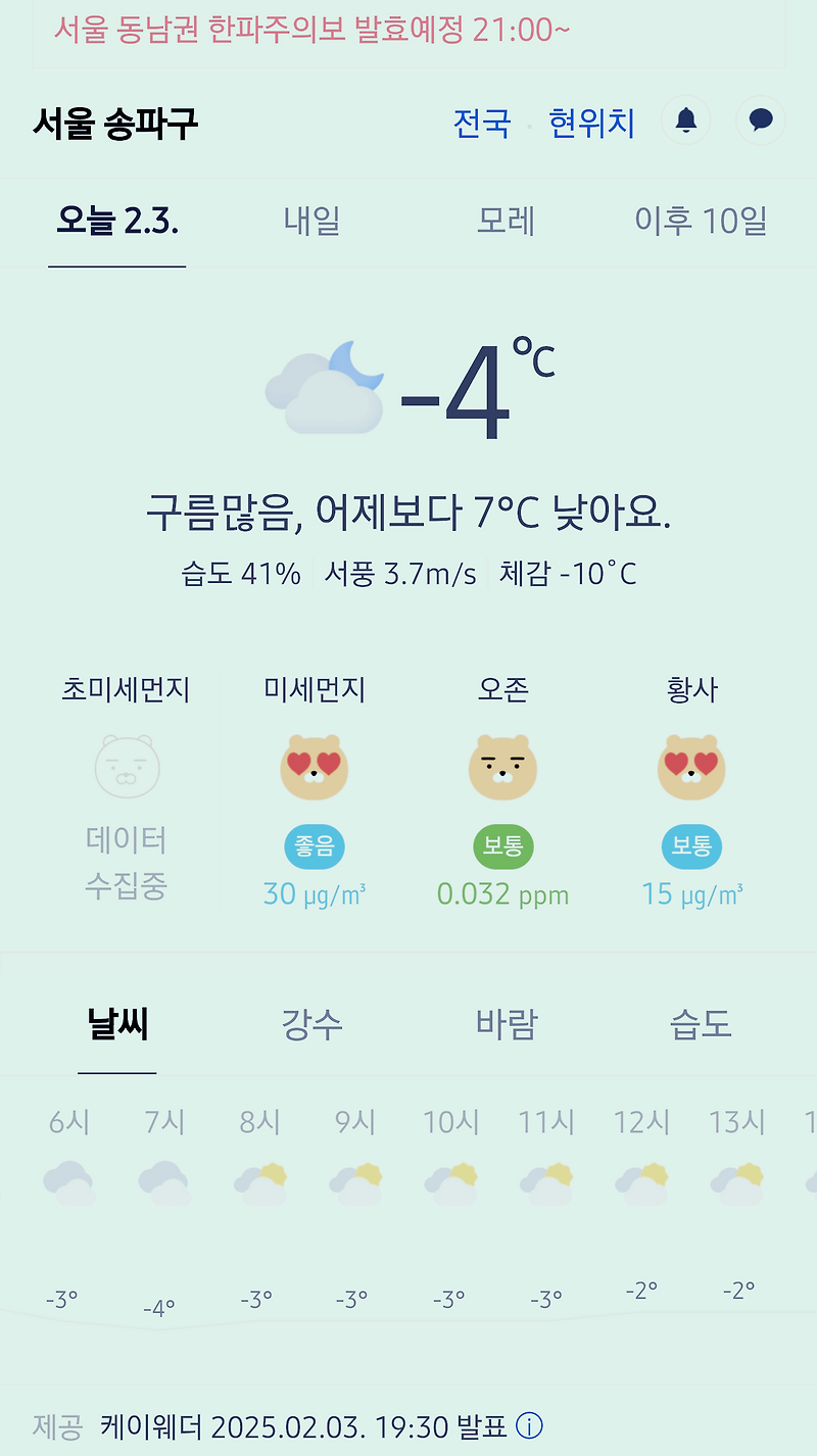 서울 강남 송파구 날씨 2025년 2월 3일. 서울 강남구 오늘의 날씨, 한파주의보 발효중, 오늘 날씨, 2025 0203, 초미세먼지, 미세먼지, 황사, 자외선